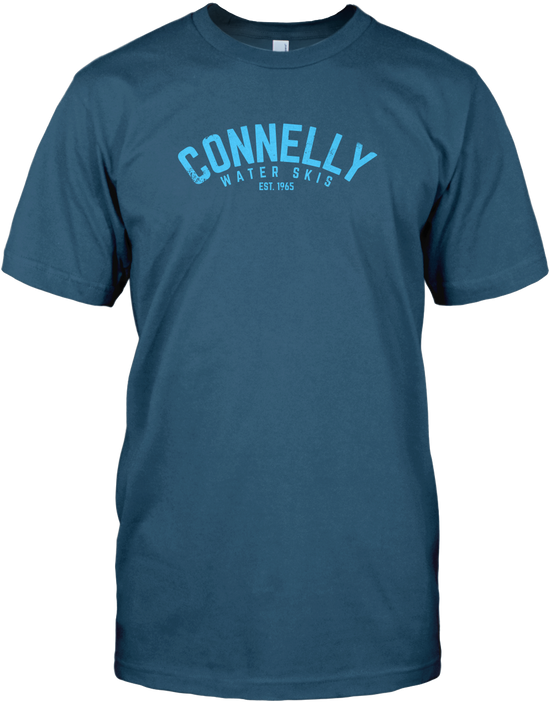 Dark blue short-sleeve t-shirt with arched text reading 'Water Skis Est. 1965' in light blue across the chest.