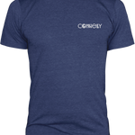 Front view of the MFG Tee in heathered navy blue, featuring a small white logo on the left chest.