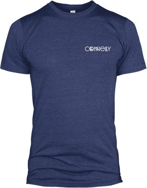Front view of the MFG Tee in heathered navy blue, featuring a small white logo on the left chest.