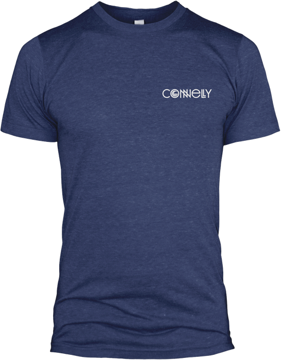 Front view of the MFG Tee in heathered navy blue, featuring a small white logo on the left chest.