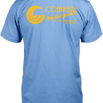 Back of Summer Tee in light blue with a vintage graphic in yellow with the Connelly logo icon and text.