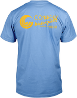 Back of Summer Tee in light blue with a vintage graphic in yellow with the Connelly logo icon and text.