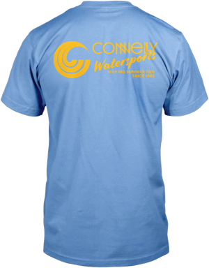 Back of Summer Tee in light blue with a vintage graphic in yellow with the Connelly logo icon and text.