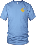 Front of Summer Tee in light blue with a yellow Connelly logo icon on the upper-right chest.