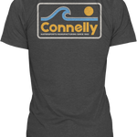Back view of the Surf Tee in dark gray featuring a retro graphic with a blue wave, yellow sun, and "Connelly" text.