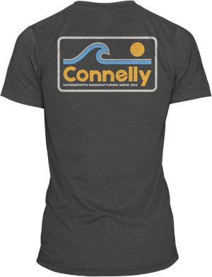 Back view of the Surf Tee in dark gray featuring a retro graphic with a blue wave, yellow sun, and "Connelly" text.