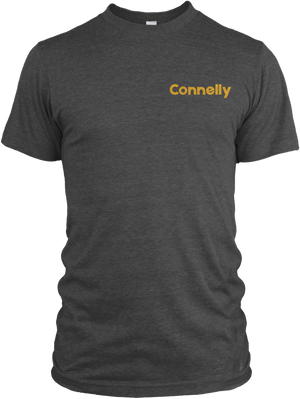 Front view of the Surf Tee in dark gray with a small yellow "Connelly" logo on the left chest.