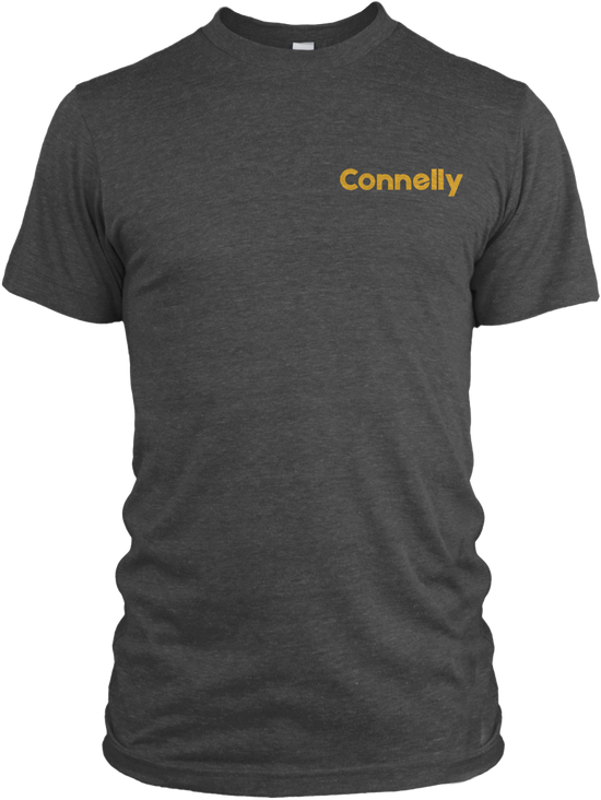 Front view of the Surf Tee in dark gray with a small yellow "Connelly" logo on the left chest.