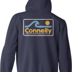 Back view of the Surf Zip Hoodie in navy featuring a retro graphic with a blue wave, yellow sun, and "Connelly" text.