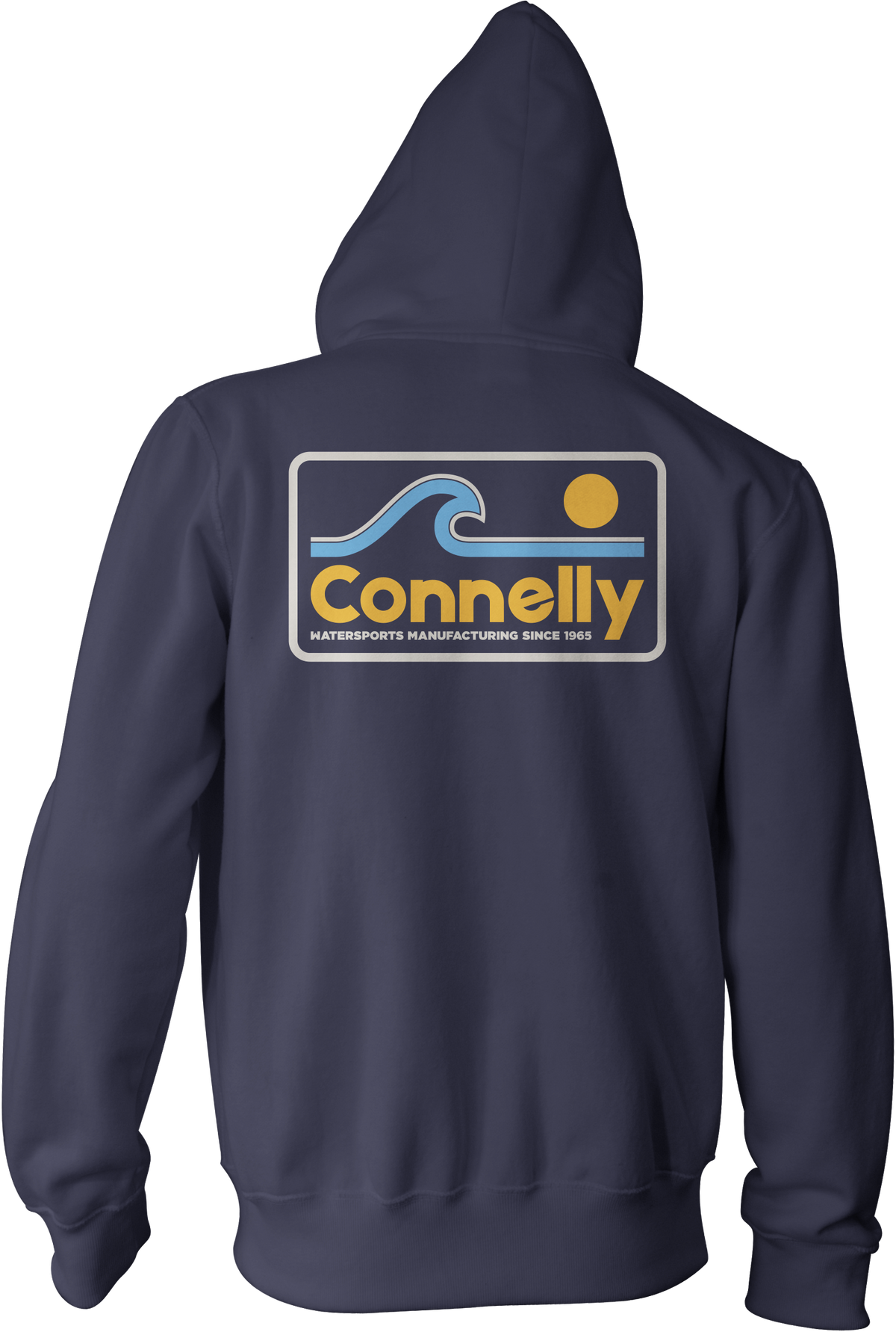 Back view of the Surf Zip Hoodie in navy featuring a retro graphic with a blue wave, yellow sun, and "Connelly" text.