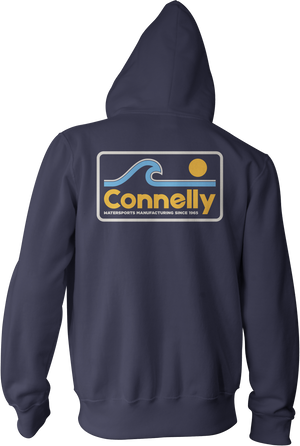 Back view of the Surf Zip Hoodie in navy featuring a retro graphic with a blue wave, yellow sun, and "Connelly" text.