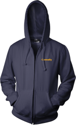 Front view of the Surf Zip Hoodie in navy with a zippered front, drawstring hood, and small yellow logo on the chest.