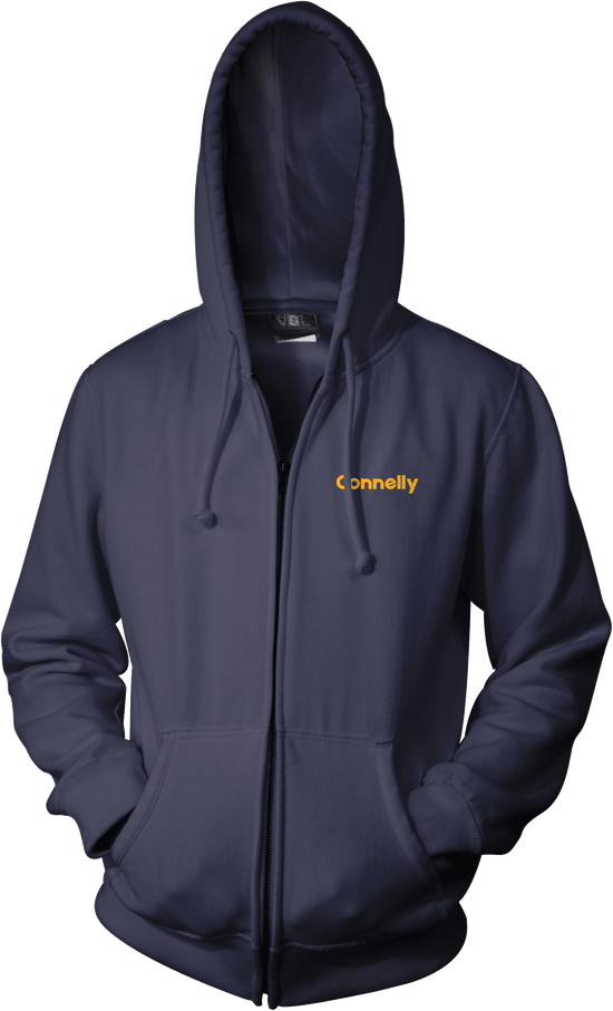 Front view of the Surf Zip Hoodie in navy with a zippered front, drawstring hood, and small yellow logo on the chest.
