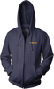 Front view of the Surf Zip Hoodie in navy with a zippered front, drawstring hood, and small yellow logo on the chest.