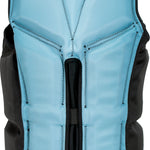 Back of the STEEL NEO vest in light blue with black panels, V-shaped stitching, and black palm tree logo near the collar.