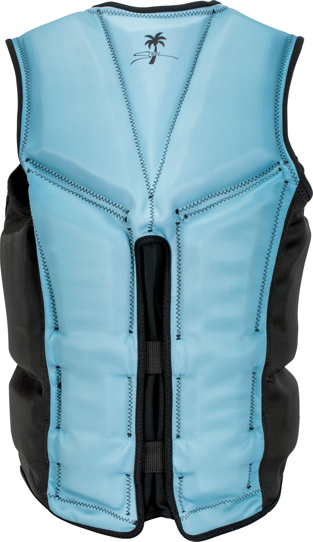 Back of the STEEL NEO vest in light blue with black panels, V-shaped stitching, and black palm tree logo near the collar.