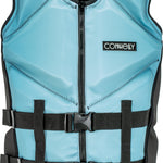Front view of the STEEL NEO vest in light blue with black accents, zippered closure, and two adjustable straps with buckles.