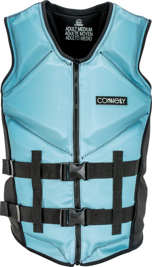 Front view of the STEEL NEO vest in light blue with black accents, zippered closure, and two adjustable straps with buckles.
