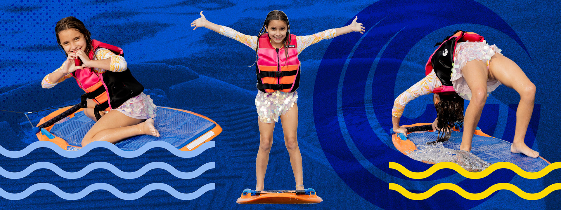 Child surfing and playing on a board in a life vest, smiling and posing against a blue background.
