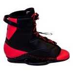 Left side profile of the Empire wakeboard boot, showcasing black and red design with durable sole.