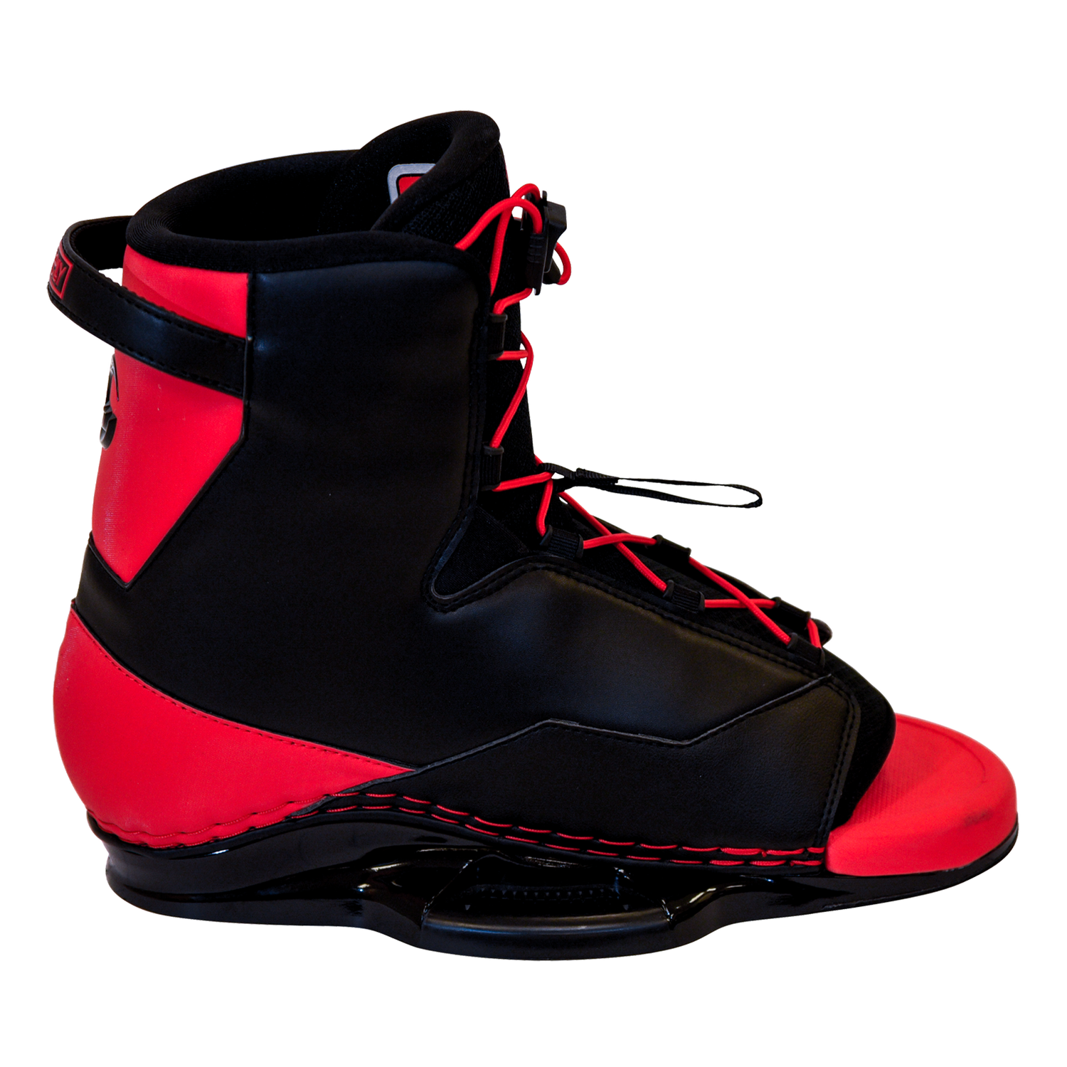 Left side profile of the Empire wakeboard boot, showcasing black and red design with durable sole.