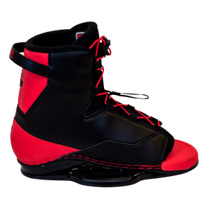 Left side profile of the Empire wakeboard boot, showcasing black and red design with durable sole.