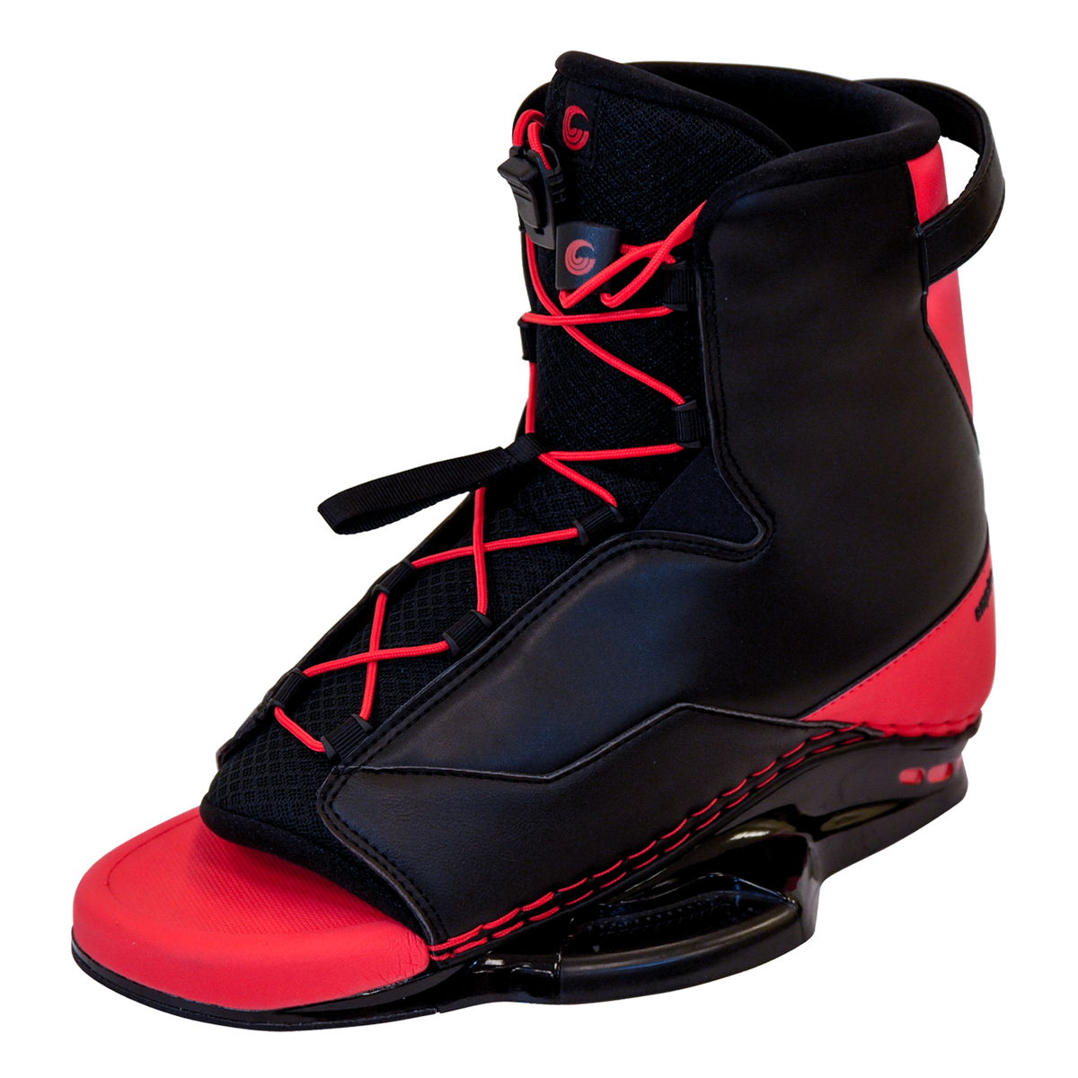 Black and red Empire wakeboard boot shown at a left-side angle, featuring red laces and open toe.