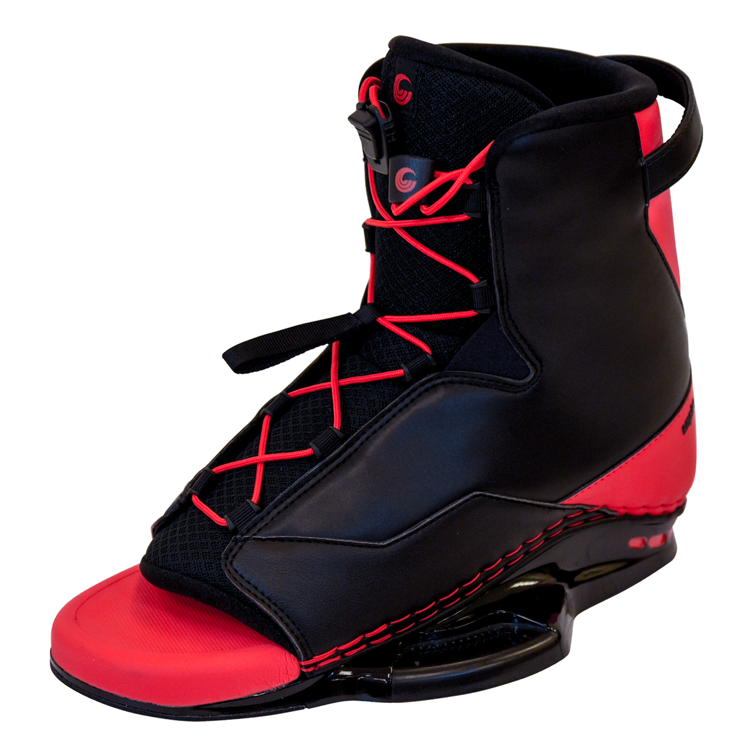 Black and red Empire wakeboard boot shown at a left-side angle, featuring red laces and open toe.