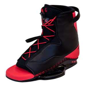 Black and red Empire wakeboard boot shown at a left-side angle, featuring red laces and open toe.