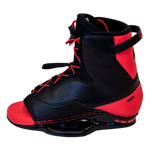 Black and red Empire wakeboard boot displayed from the right-side angle with red laces and open-toe design.