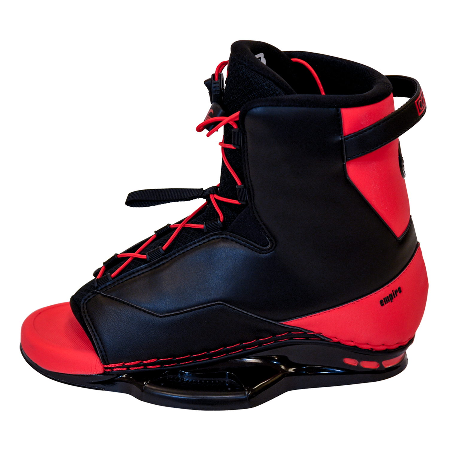 Black and red Empire wakeboard boot displayed from the right-side angle with red laces and open-toe design.