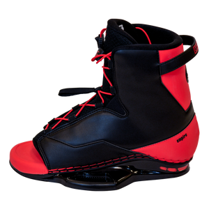 Black and red Empire wakeboard boot displayed from the right-side angle with red laces and open-toe design.