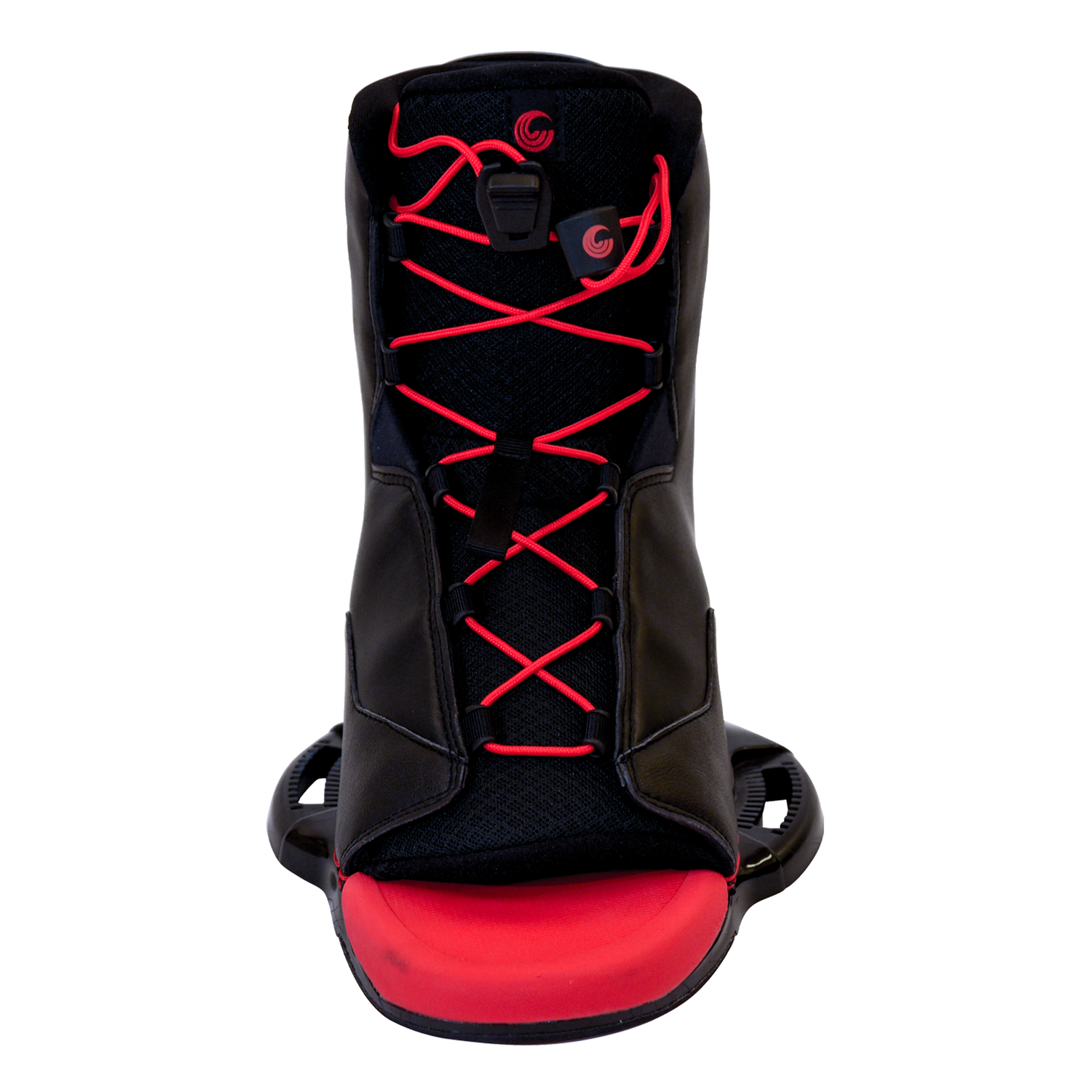 Front-facing Empire wakeboard boot highlighting red laces, open toe, and lace-lock system for a secure fit.