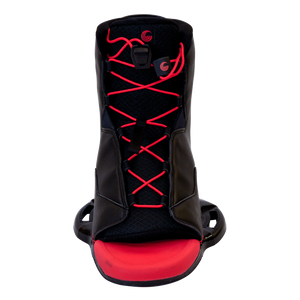 Front-facing Empire wakeboard boot highlighting red laces, open toe, and lace-lock system for a secure fit.
