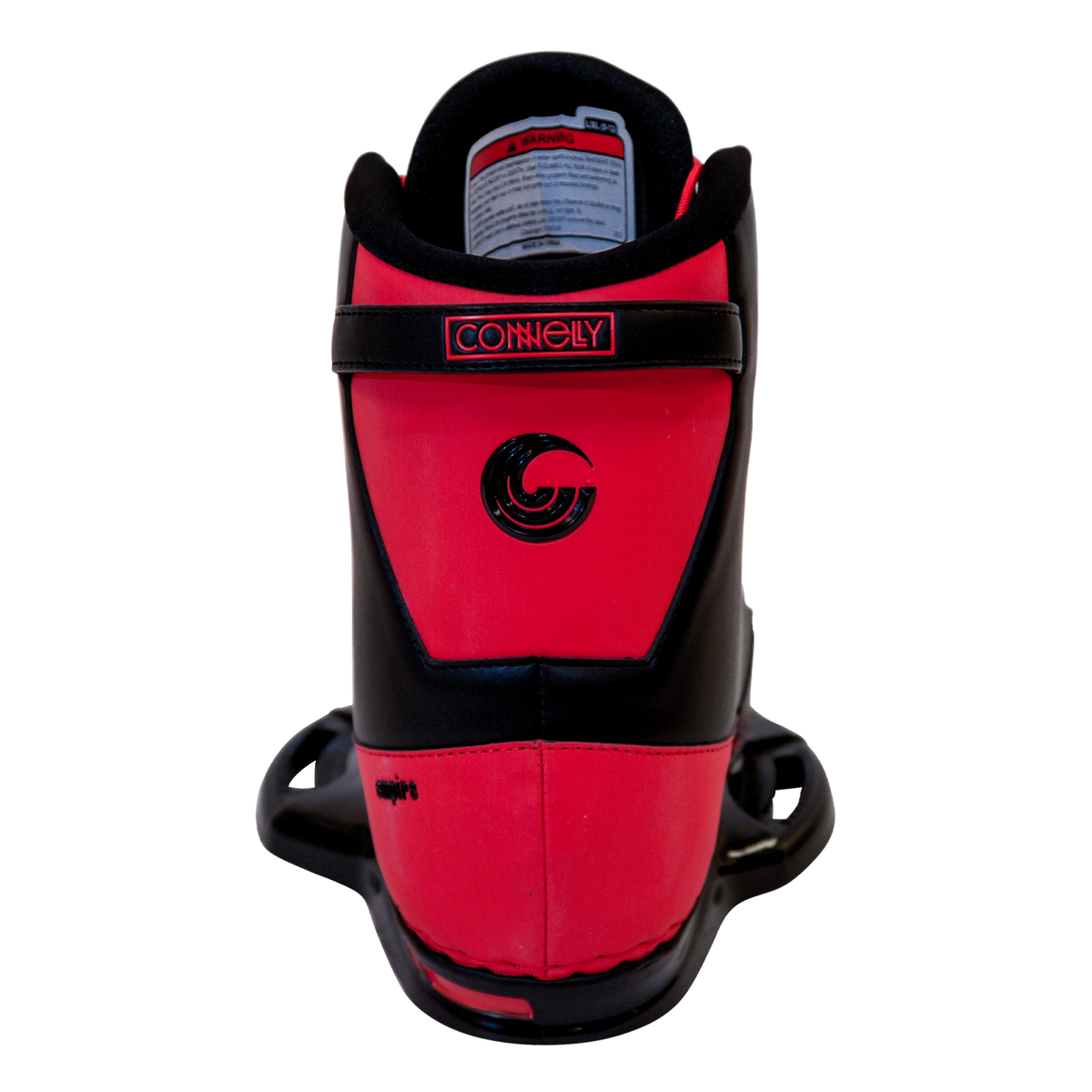 Back view of the Empire wakeboard boot, showing heel support, branding, and secure ankle strap.