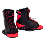 A pair of Empire wakeboard boots, black with red details, positioned side by side at a slight angle.