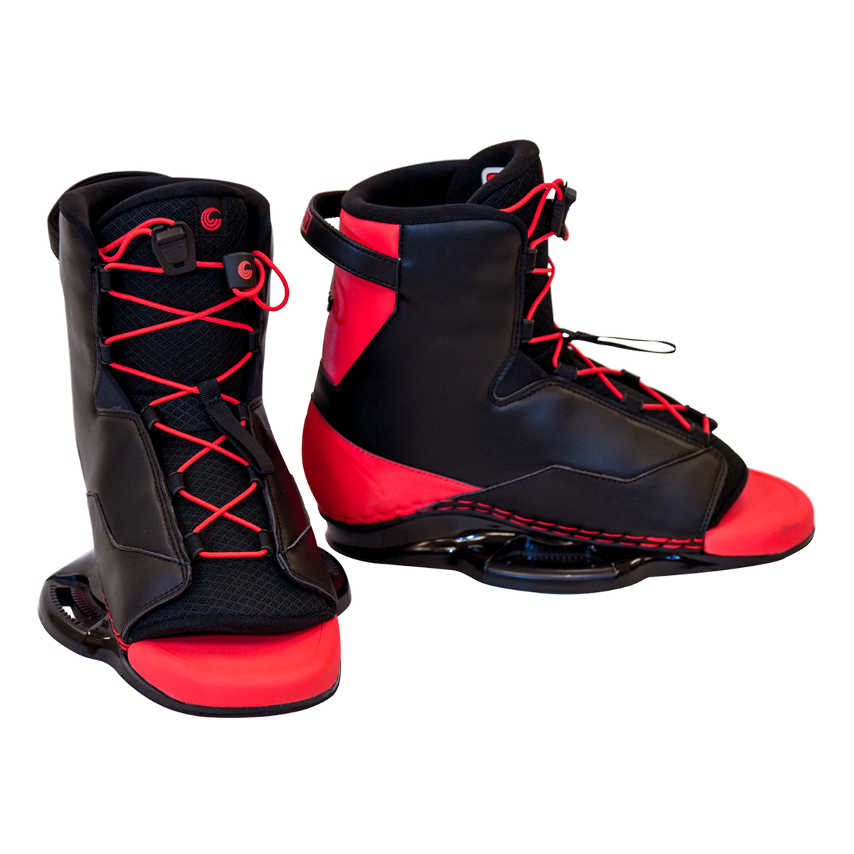 A pair of Empire wakeboard boots, black with red details, positioned side by side at a slight angle.