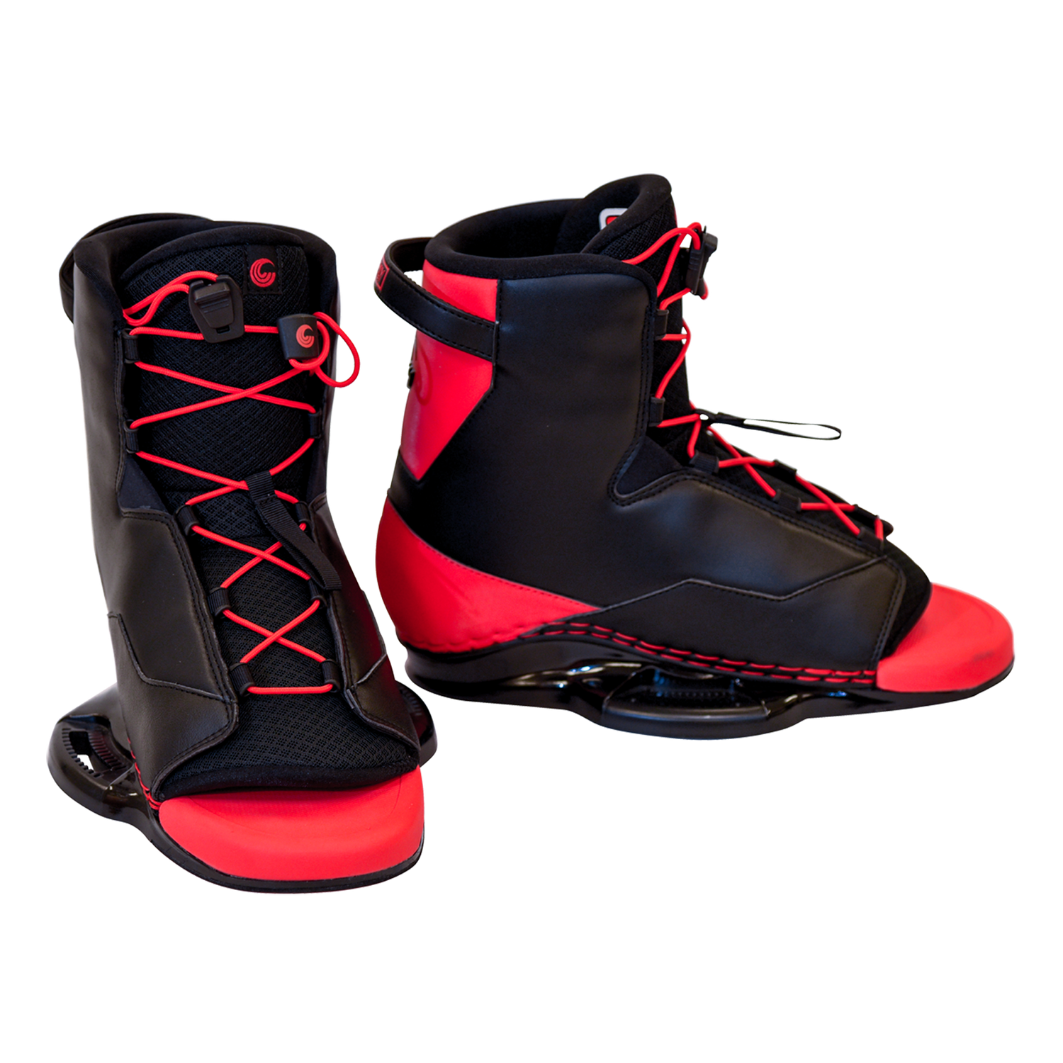 A pair of Empire wakeboard boots, black with red details, positioned side by side at a slight angle.