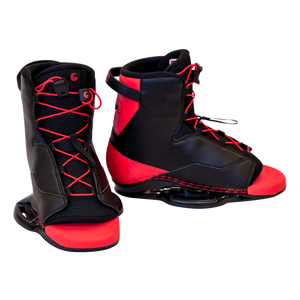 A pair of Empire wakeboard boots, black with red details, positioned side by side at a slight angle.