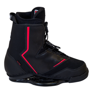 Right side view of the Faction wakeboard binding with a black boot, red angular detailing, and molded baseplate.