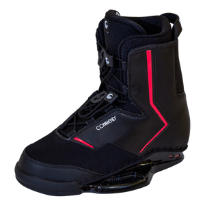 Right angled view of the Faction wakeboard binding with a black boot, red trim, lace-up system, and ergonomic ankle support.