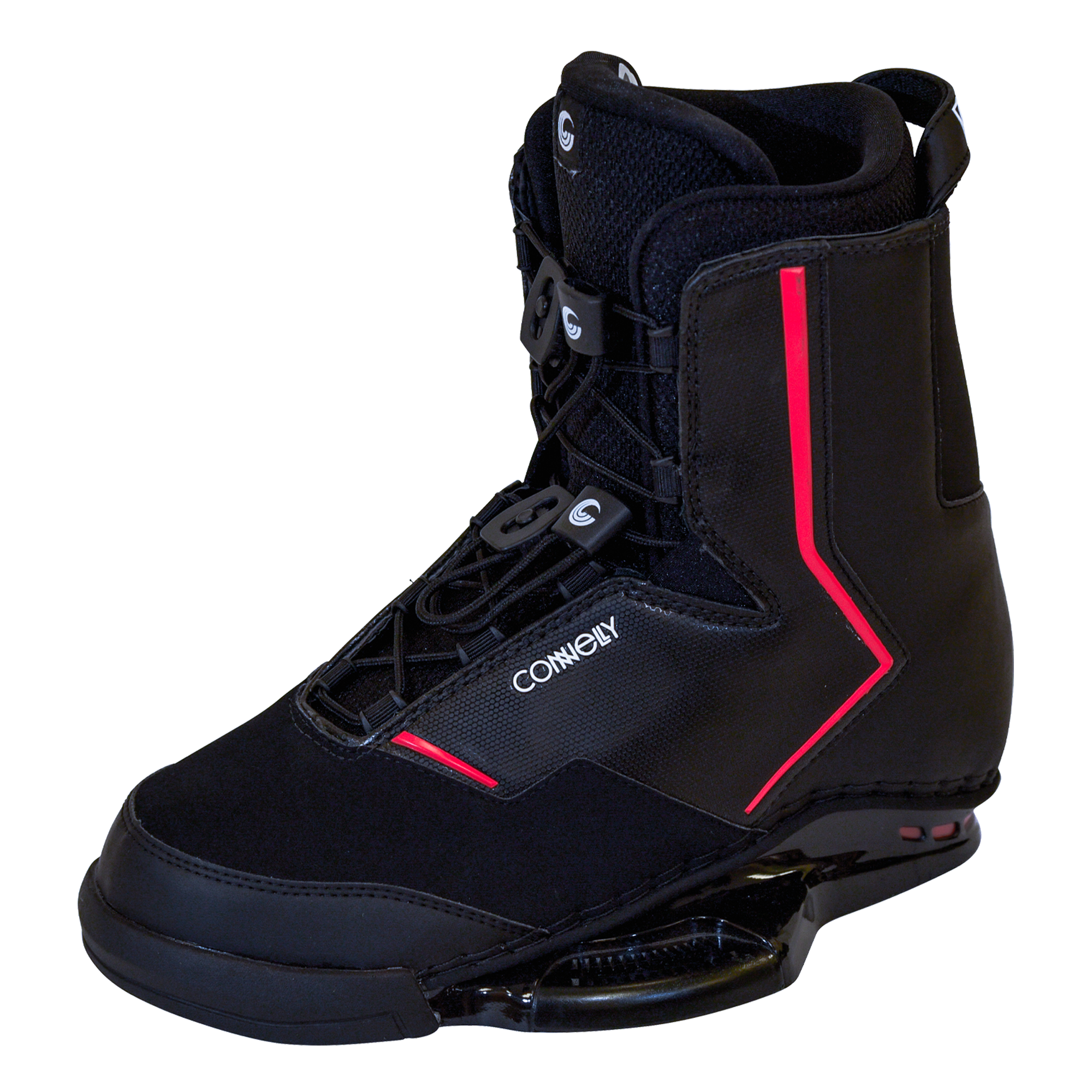 Right angled view of the Faction wakeboard binding with a black boot, red trim, lace-up system, and ergonomic ankle support.
