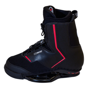 Left side view of the Faction wakeboard binding with a black boot, red accents, lace-up system, and reinforced ankle support.