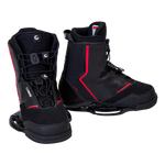 Pair of Faction wakeboard bindings with black boots, red accents, lace-up system, and flexible yet supportive design.