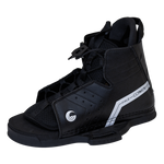 Angled front view of the Hale wakeboard binding highlighting the open-toe construction and secure lacing system.