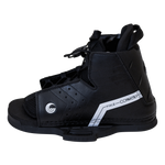 Side view of the Hale wakeboard binding in black with white accents, featuring an open-toe design and lace-up closure.