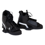 Pair of Hale wakeboard bindings side by side, showcasing their black and white design with lace-up entry.