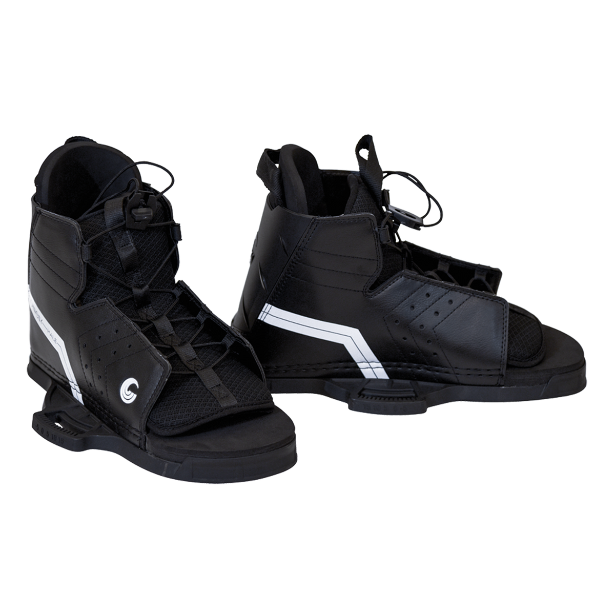 Pair of Hale wakeboard bindings side by side, showcasing their black and white design with lace-up entry.