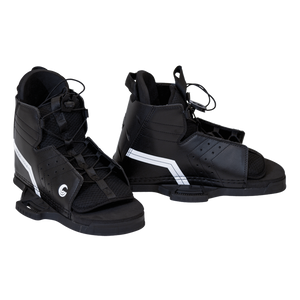 Pair of Hale wakeboard bindings side by side, showcasing their black and white design with lace-up entry.