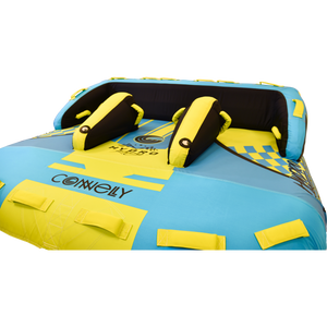 Angled front view of the Hydro 3 towable tube featuring raised back support, padded seats, and a vibrant geometric pattern.